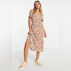 ASOS Monki Midi Tea Dress in Brown Retro Floral Print NWT